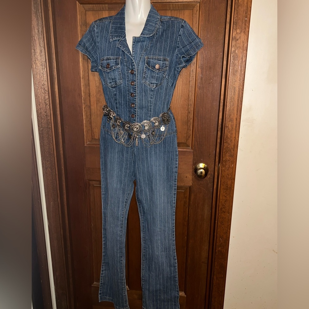 Hot Kiss Vintage Blue Denim Belted Bootcut Stretch 90s Y2K Jumpsuit